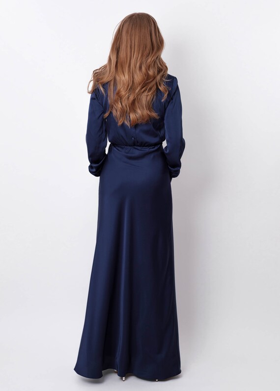 sleeves navy blue wedding guest dress Navy Blue Silk Long Dress, Bridesmaid Dress, Wedding Guest Dress, Evening  Dress, Long Sleeves Dress, Bridal Party Attire, Long Dress