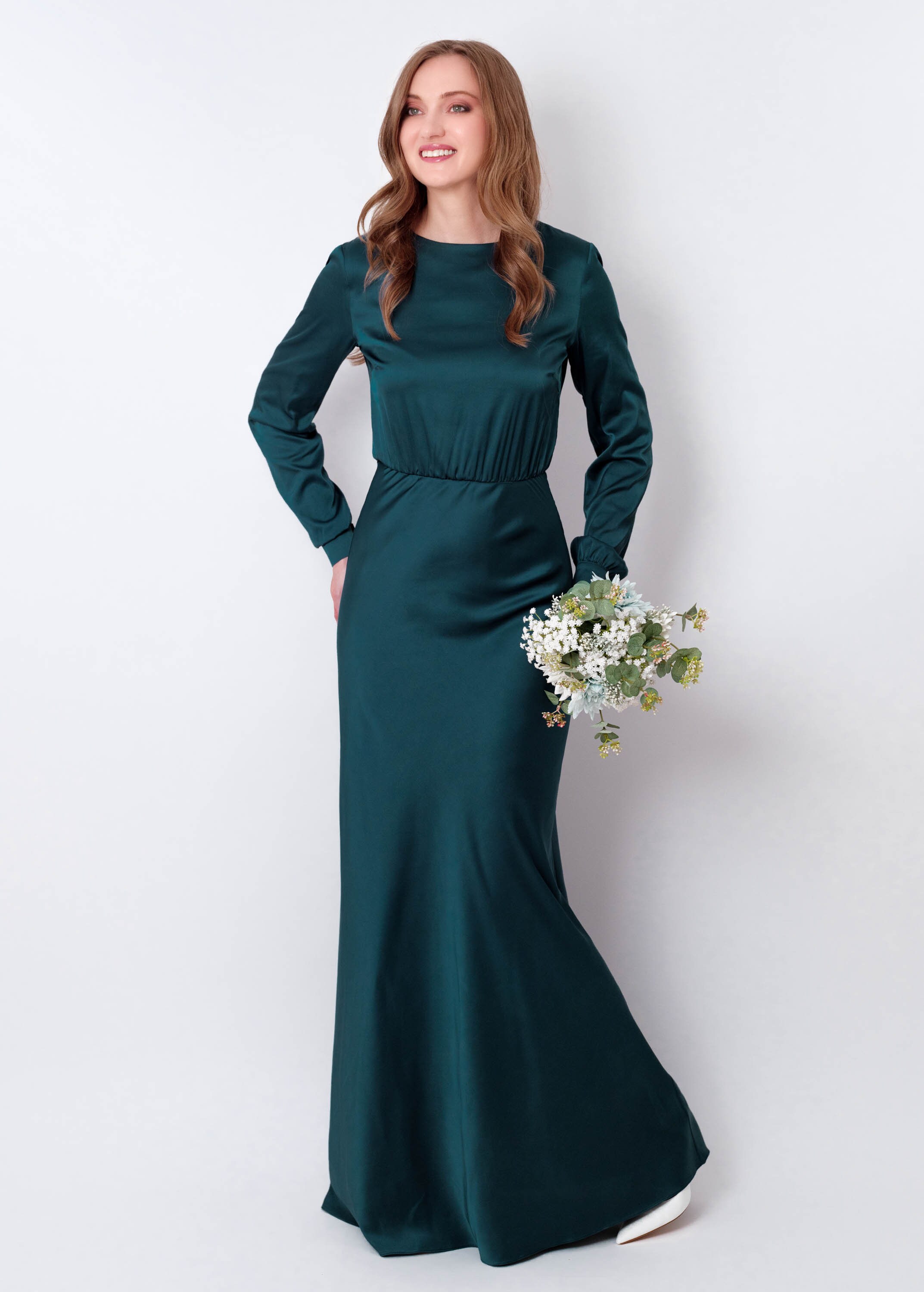 Dark Teal Green Silk Long Dress, Bridesmaid Dress, Wedding Guest Dress, Evening Dress, Long Sleeves Dress, Bridal Party Attire, Long Dress