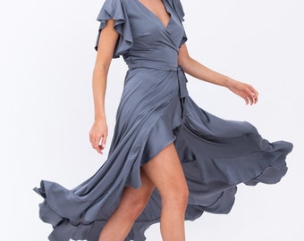 grey silk wrap dress Mother of the Bride or Groom Silk Wrap Dress with Flutter Sleeve & Pleated Skirt