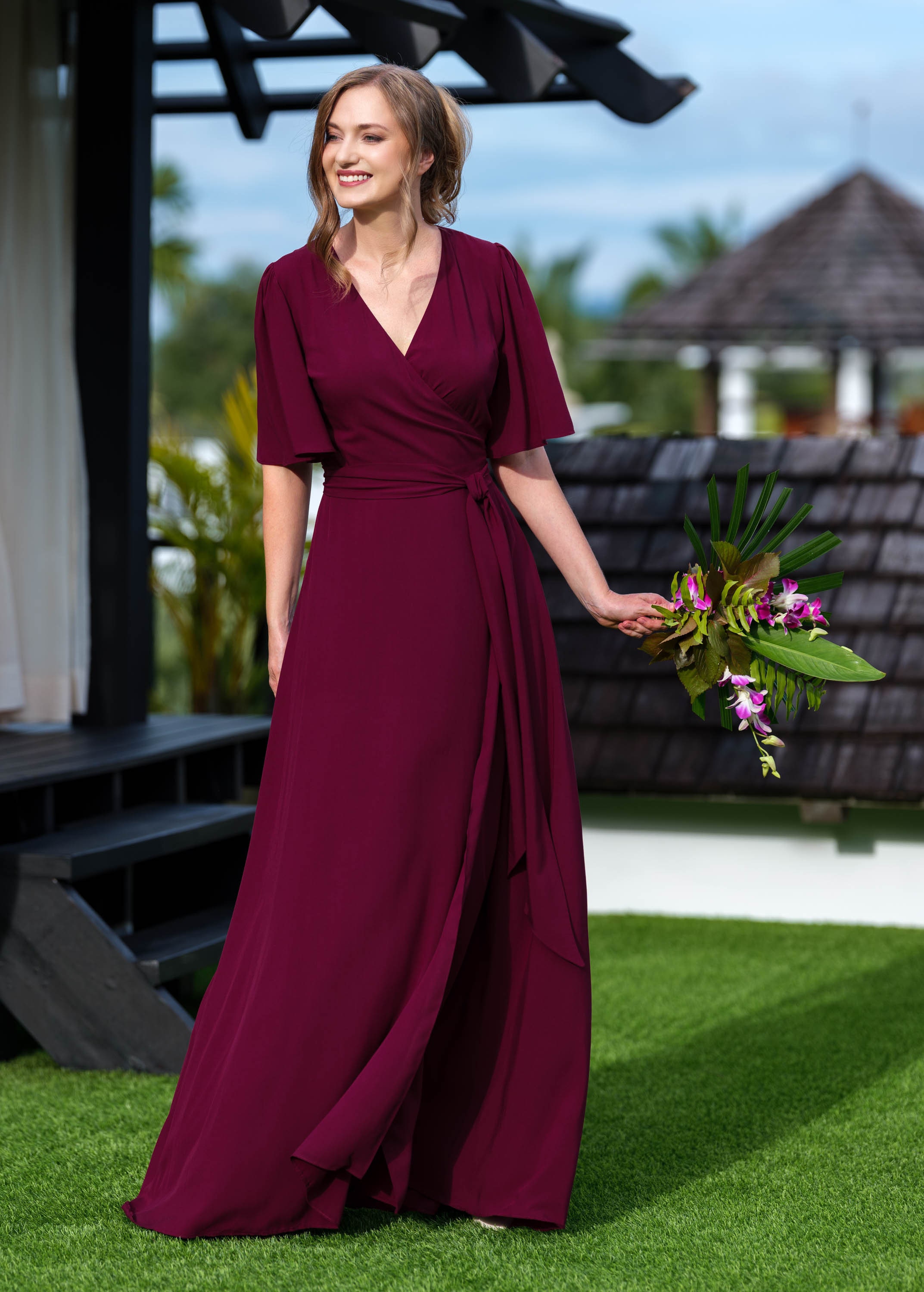 burgundy dress occasion Burgundy Bardot Dress with Slit main image 1