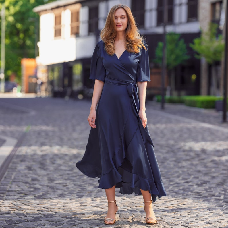 Navy blue dress, silk dress, wrap dress, bridesmaid dress, wedding guest dress, women dress, maxi dress, evening dress, long dress image 9