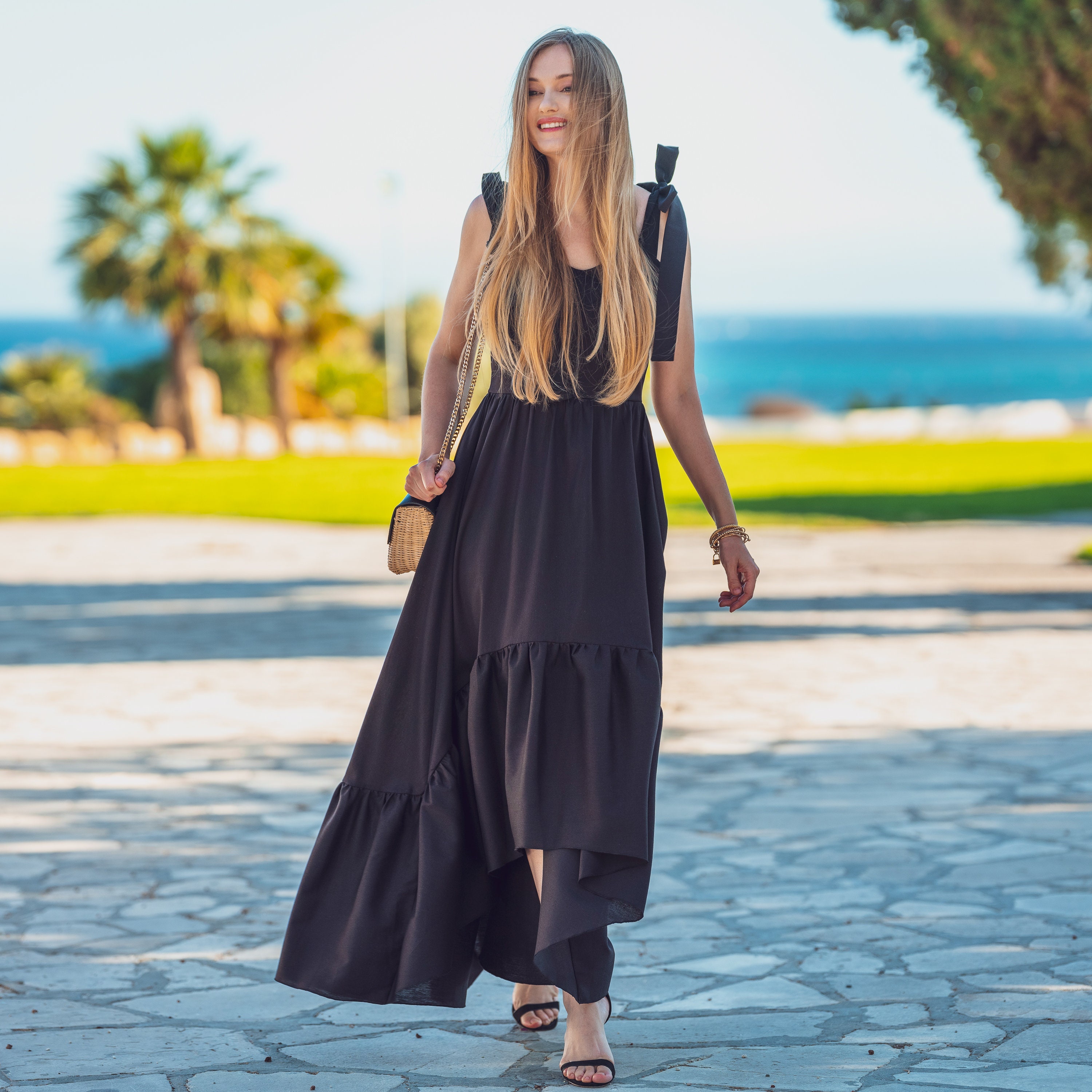 Black Organic Linen Summer Dress, Natural Cotton, Long, Maxi, Vacation,  Holiday, Sleeveless, Fitted, A-line, Open Back, Asymmetric, Elegant - Etsy