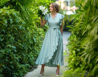 Earthy Sage Green Maxi Bridesmaid Dress, Wrap Dress Wedding Guest , Short  Sleeve Dress, Boho Beach Party Dress, Custom Color - Etsy
