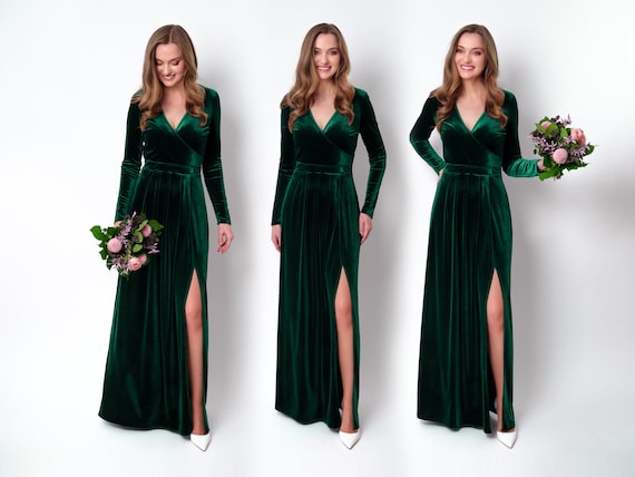 Emerald Green Velvet Maxi Dress - Holiday Gown with Long Sleeves and Slit, Christmas Party, Winter Wedding, Bridesmaid
