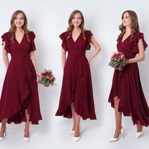 Burgundy chiffon bridesmaid dress, wedding guest dress, bridesmaids dress, chiffon long wrap dress, evening dress, formal chiffon dress