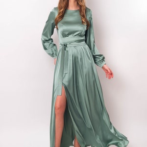 Sage Green Silk Dress With Belt Long Slit Dress Bridesmaid - Etsy