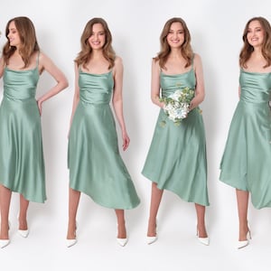 Sage green silk asymmetric dress, bridesmaid dress, wedding guest dress, evening dress, long straps dress, bridal party attire, long dress