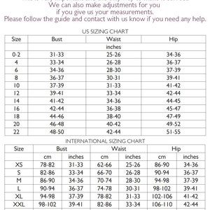 May include: A size chart for women's clothing with measurements in inches and centimetres. The chart includes sizes from XS to 7XL and lists bust, waist, and hip measurements for each size.