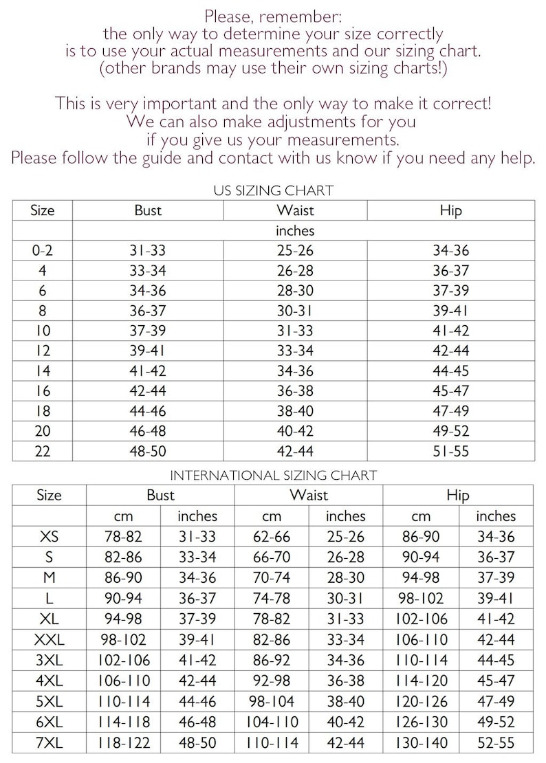 May include: A size chart for women's clothing with measurements in inches and centimetres. The chart includes sizes from XS to 7XL and lists bust, waist, and hip measurements for each size.