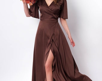 brown silk wrap dress Brown Wrap Satin Dress With Flutter Sleeves main image 0