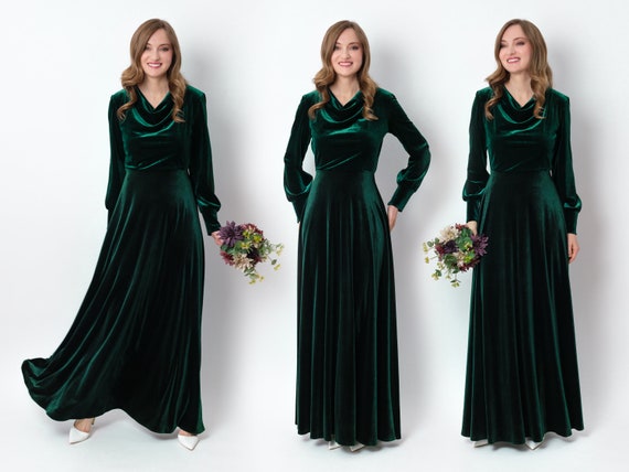 Green Velvet Long Sleeve Split Satin Dress – Lisposa