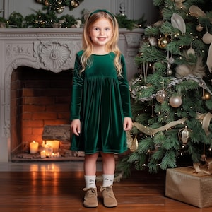 Velvet Girls Christmas Dress in Emerald Green: Holiday Toddler & Kids, Winter Party, Flower girl