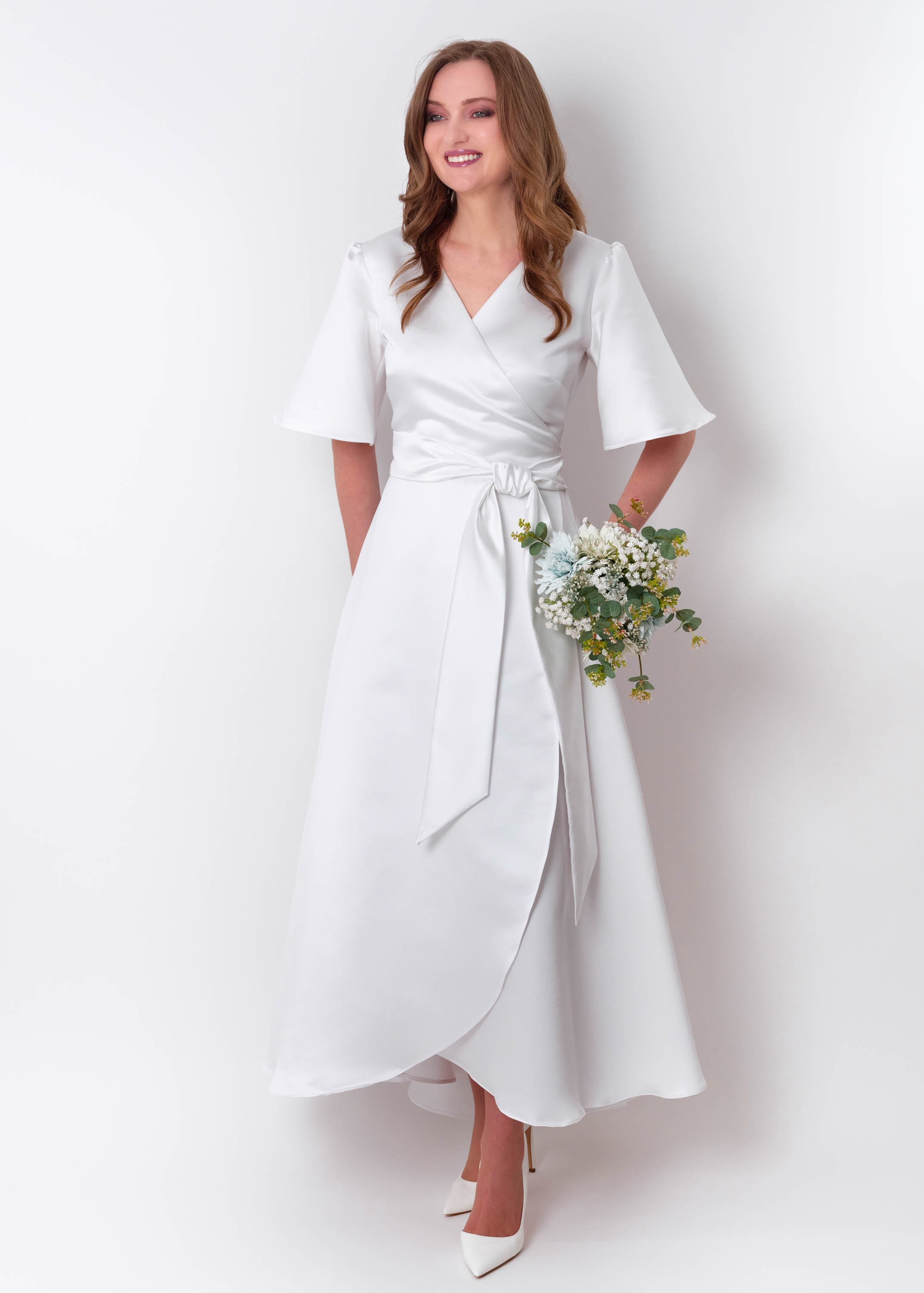 white wrap bridesmaid dress White