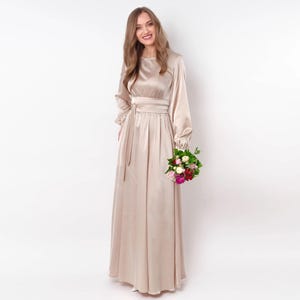 Champagne beige silk dress with belt, long slit dress, bridesmaid dress, wedding guest dress, maxi dress, evening dress, formal dress