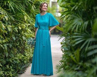 Turquoise long dress with belt, viscose slit dress, bridesmaids dress, wedding guest dress, summer dress, evening dress, formal dress