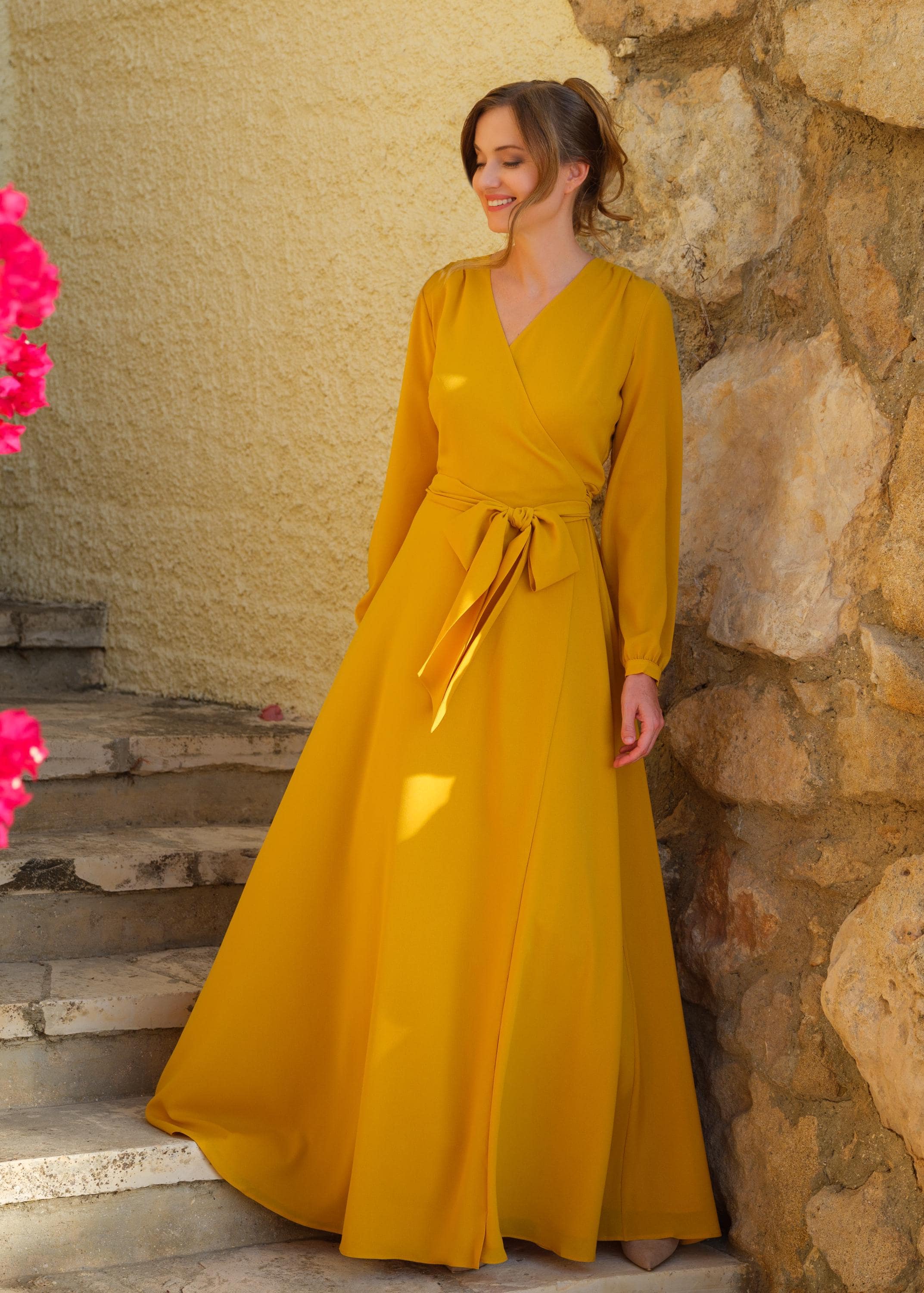 white christmas dresses Light Yellow A-Line V Neck Pleated Chiffon Ruffle Long Bridesmaid Dress Light Yellow / US 14 main image 1