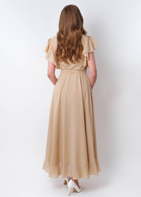 beige swing dress Unique Vintage Beige Floral Print Garden Party Swing Dress