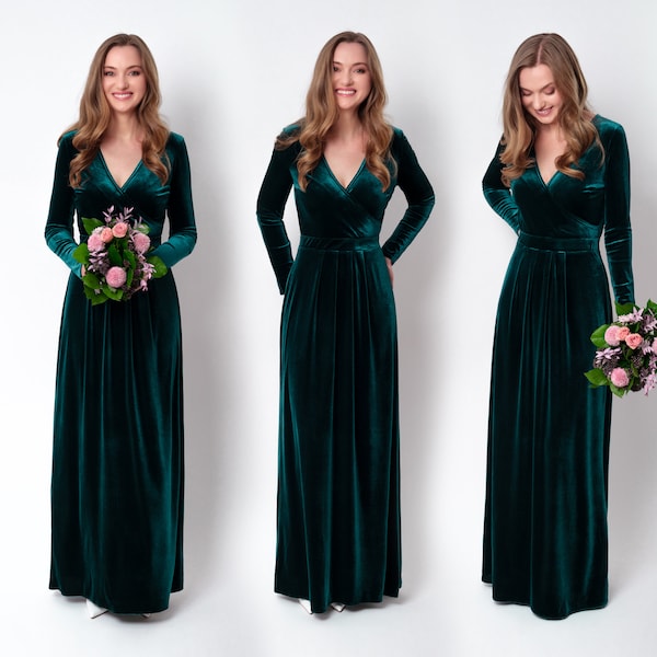 Teal green velvet wrap dress, bridesmaid velvet dress, wedding dress, velvet bridesmaid dress, New Year dress, maxi dress,evening dress