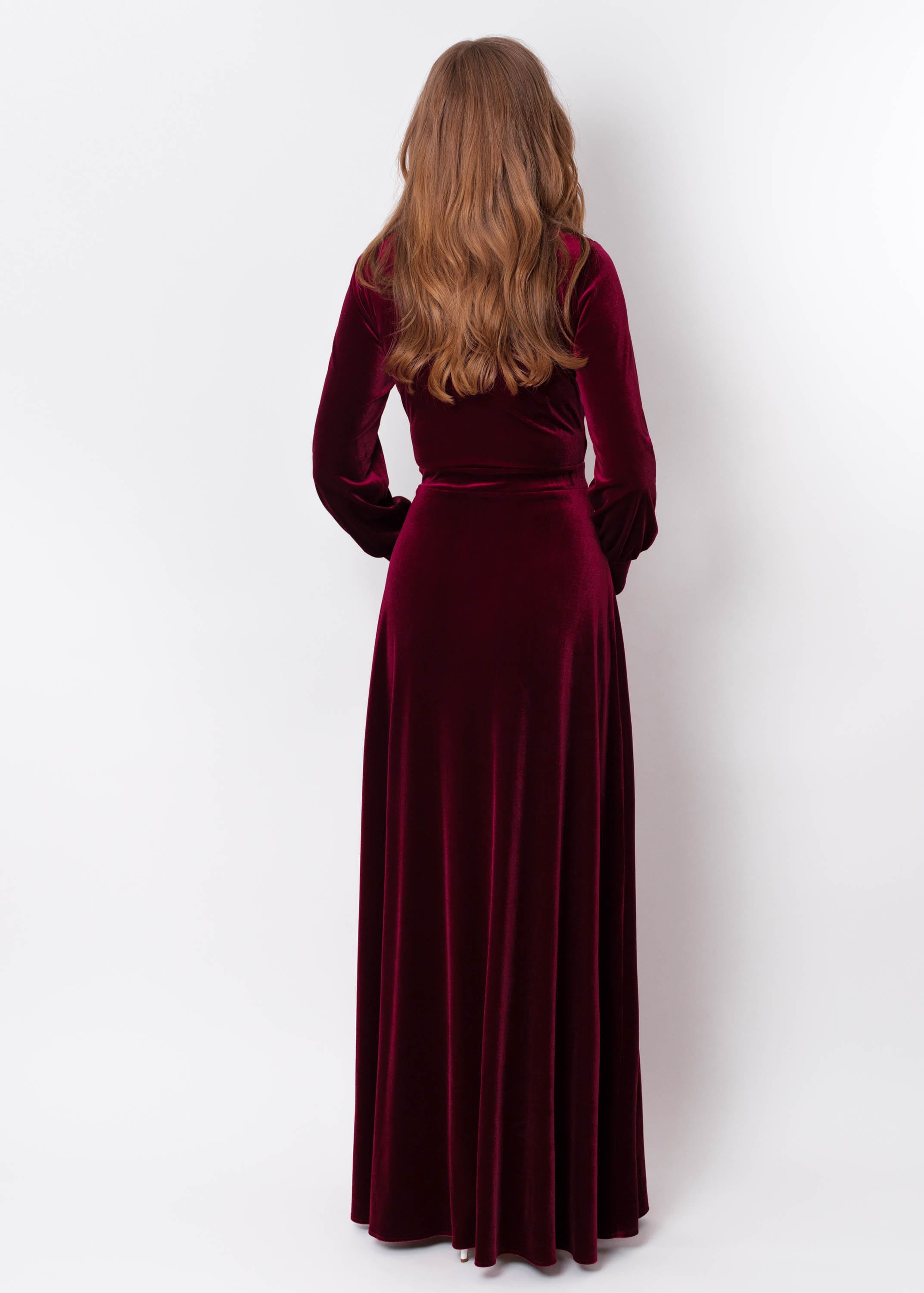 Plum Burgundy Velvet Maxi Dress: Elegant Long Sleeve Gown, Fall Wedding Guest, Modest Bridesmaid
