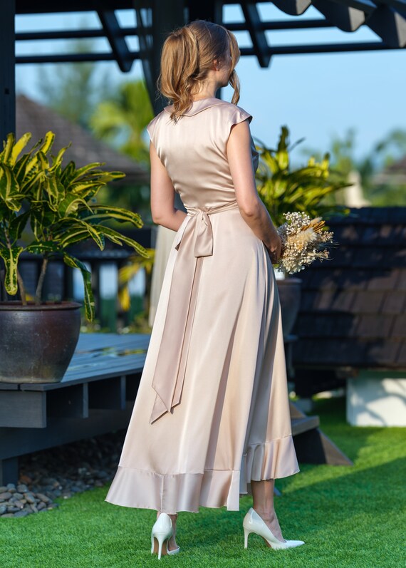 Champagne beige silk dress, silk dress, wrap dress, bridesmaid dress, wedding guest dress, women dress, maxi dress, evening dress