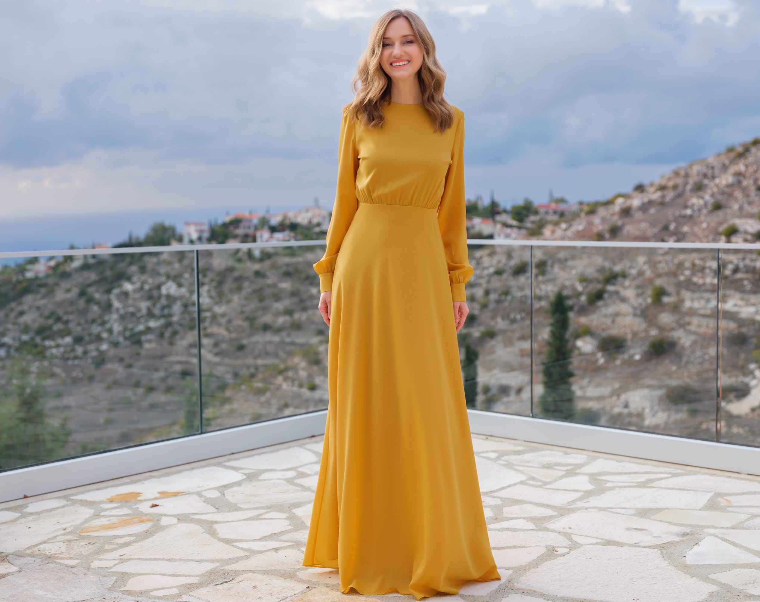 Long Sleeve Yellow Formal Dress