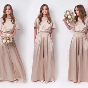 Champagne beige silk jumpsuit, silk jumpsuit, bridesmaid jumpsuit, wedding guest jumpsuit, evening jumpsuit, bridesmaid dress, cocktail