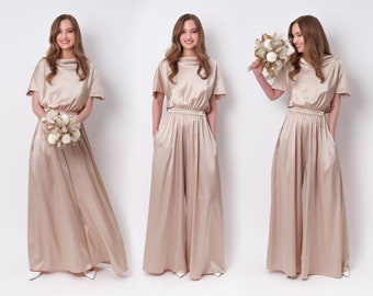 Champagne beige silk jumpsuit, silk jumpsuit, bridesmaid jumpsuit, wedding guest jumpsuit, evening jumpsuit, bridesmaid dress, cocktail