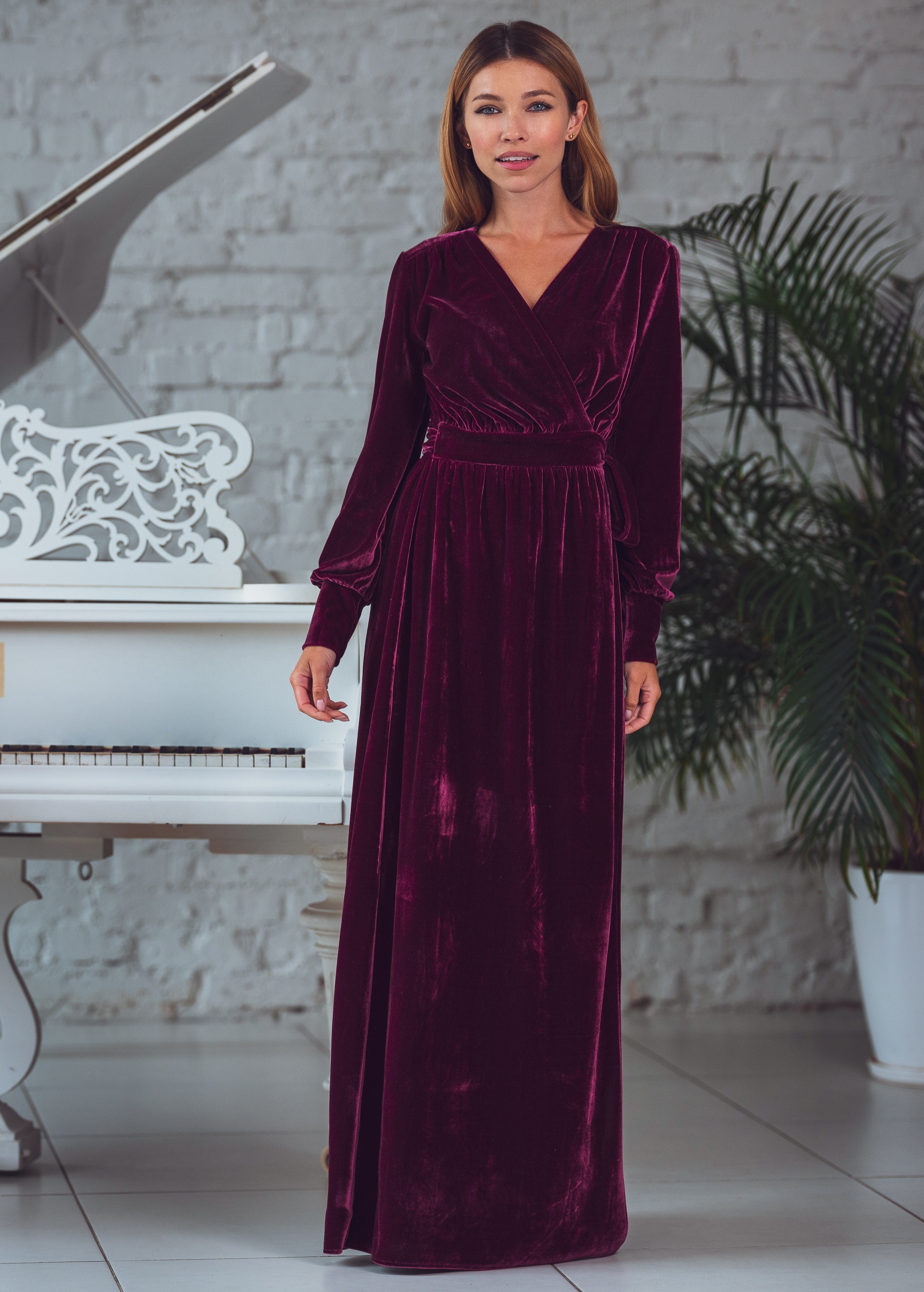 Plum Burgundy Velvet Long Wrap Dress 