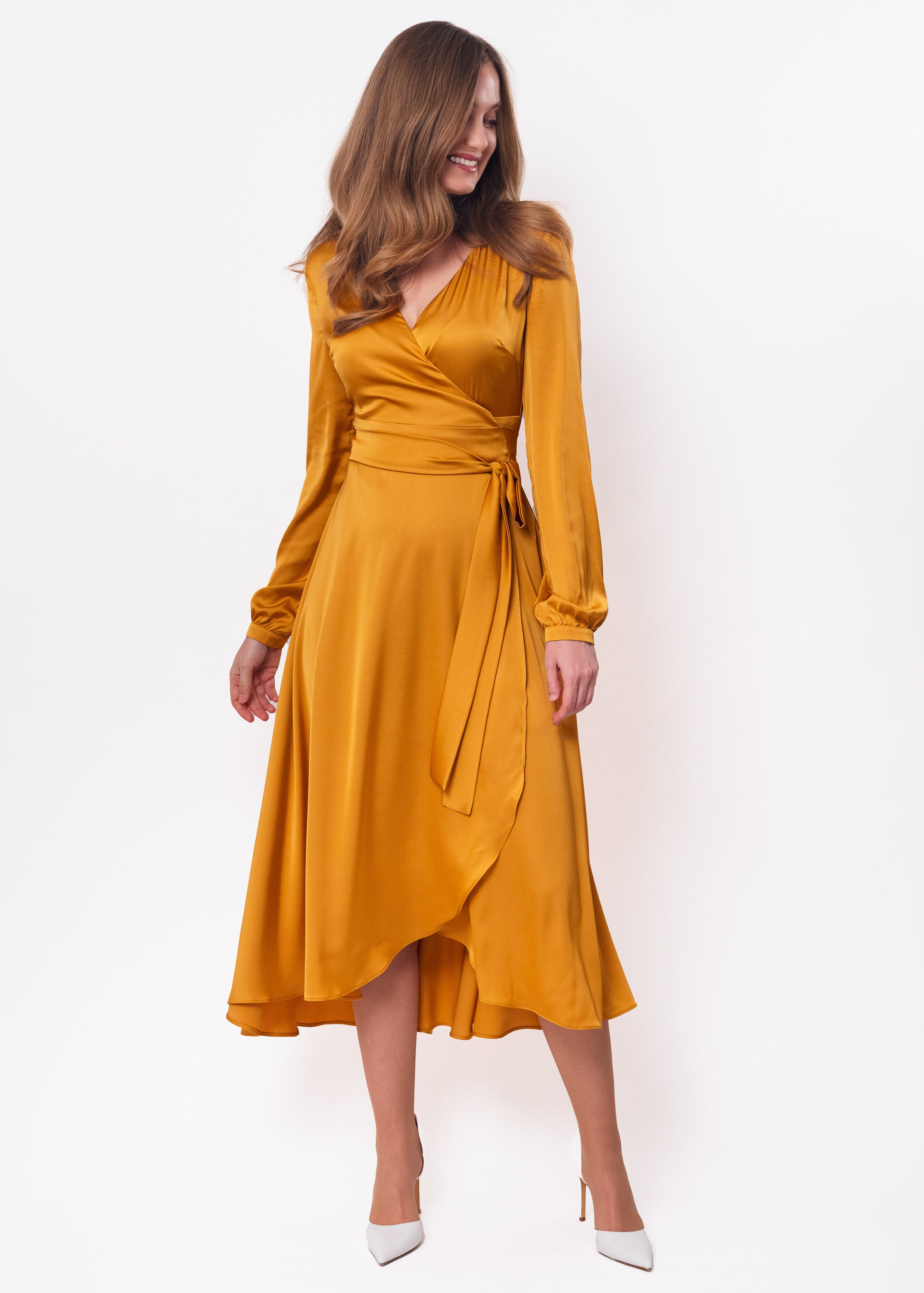 Gold silk dress, silk dress, wrap dress, bridesmaid dress, wedding guest dress, women dress, maxi dress, evening dress, long dress
