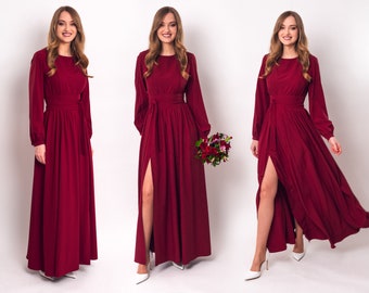 Burgundy long slit dress with belt, bridesmaid dress, cocktail dress, wedding guest dress, maxi party dress, formal dress, prom dress