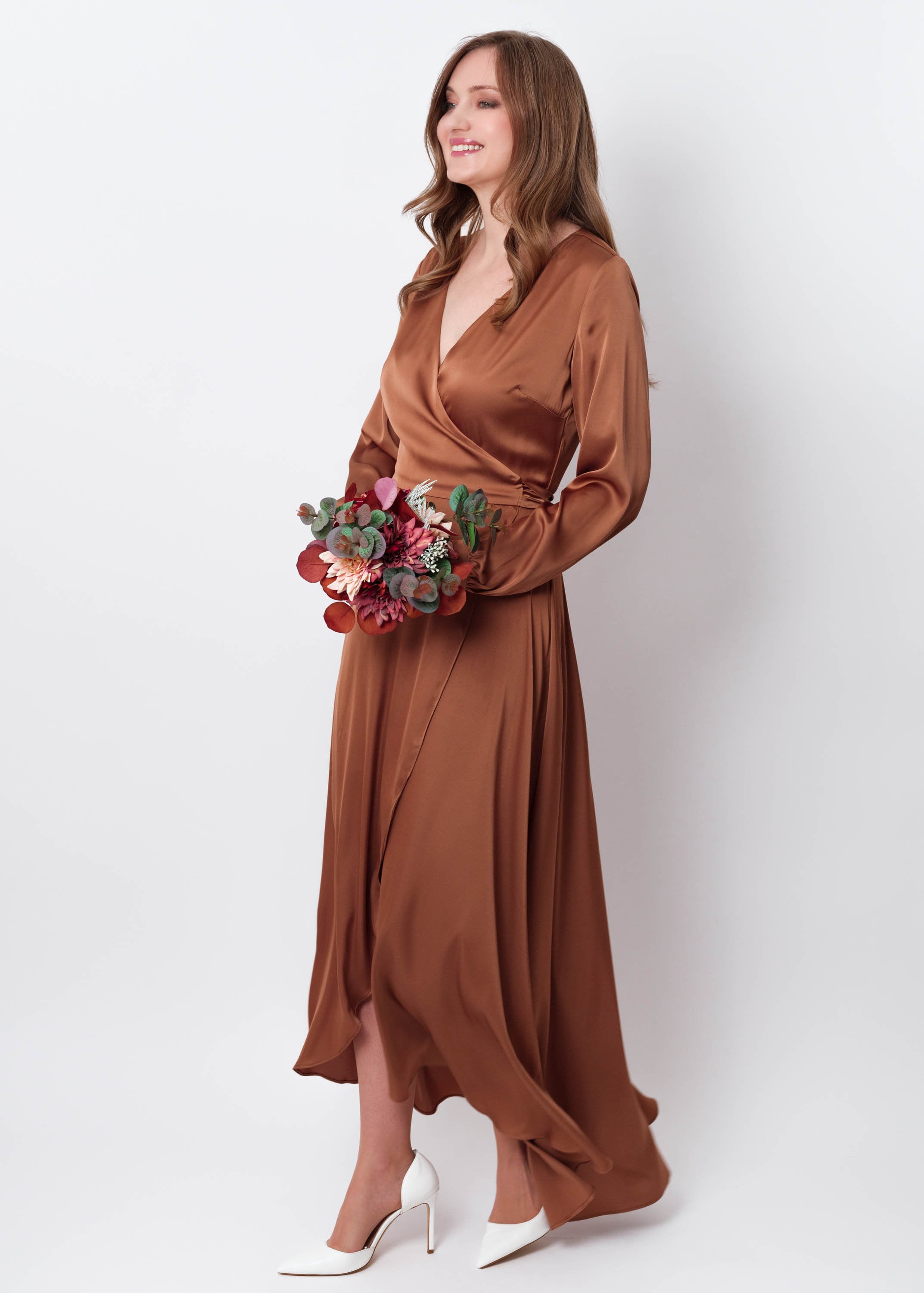 copper bridesmaid dresses plus size Ever-Pretty Amber Bloom Floor Length Bridesmaid Dress with Flutter Sleeves