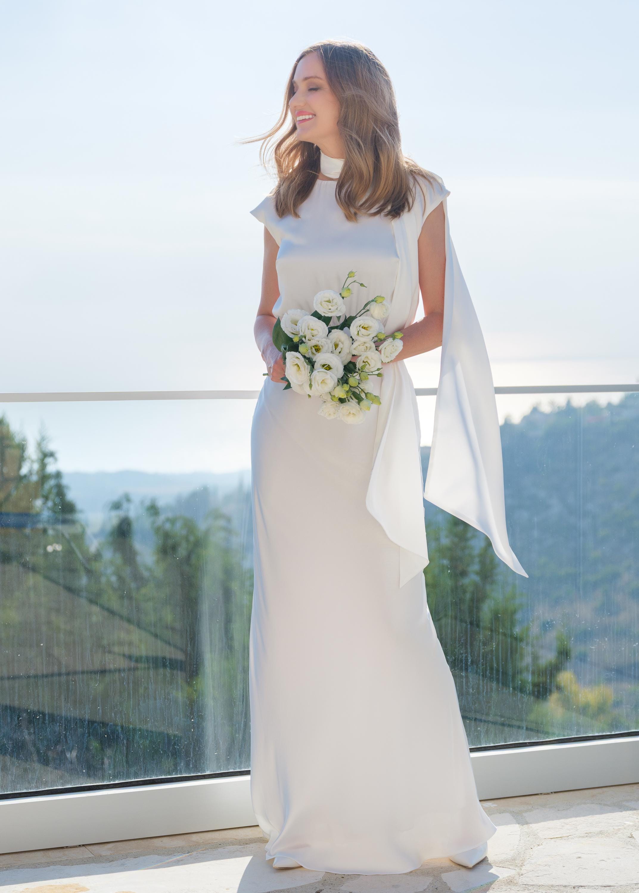 Silk Dress with Matching Scarf in Ivory, Floor-Length Gown Silk Dress with Matching Scarf in Ivory, Floor-Length Gown