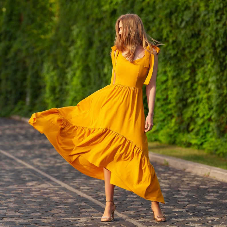 Robe d'été longue bohème jaune miel, maxi robe faite main, tissu de robe vintage, robe d'invité de mariage d'été, robe de demoiselle d'honneur, robe de cocktail image 8