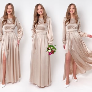 Champagne beige silk dress with belt, long slit dress, bridesmaid dress, wedding guest dress, maxi dress, evening dress, formal dress