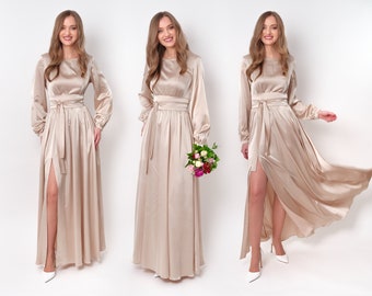 Champagne beige silk dress with belt, long slit dress, bridesmaid dress, wedding guest dress, maxi dress, evening dress, formal dress