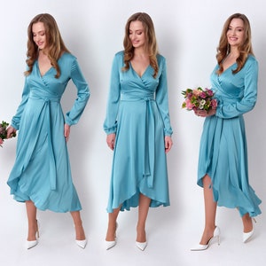 Dusty blue silk dress, silk dress, wrap dress, bridesmaid dress, wedding guest dress, women dress, maxi dress, evening dress, long dress