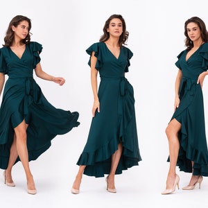 Dark teal green dress, silk dress, wrap dress, bridesmaid dress, wedding guest dress, women dress, maxi dress, evening dress, long dress