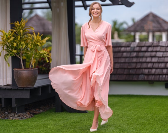sachin and babi light blue dress Blush Pink Chiffon Bridesmaid Dress, Wedding Guest Dress, Bridesmaids Dress,  Chiffon Long Wrap Dress, Evening Dress, Formal Chiffon Dress