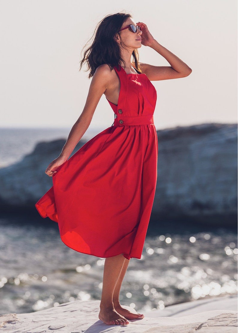Red long organic cotton cross-back dress, mid-calf sundress, open back dress, crisscross, 50s-style dress, sleeveless, summer image 2