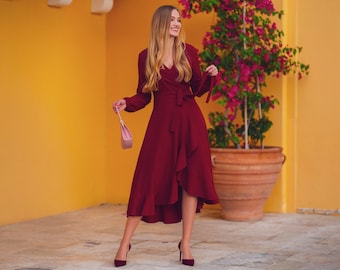 Burgundy long wrap dress, bridesmaid dress, cocktail dress, wedding guest dress, party dress, formal dress, prom dress, evening dress