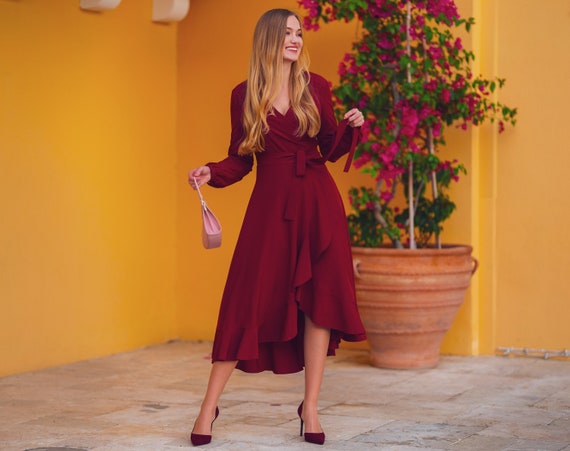 Burgundy long wrap dress, bridesmaid dress, cocktail dress, wedding guest dress, party dress, formal dress, prom dress, evening dress