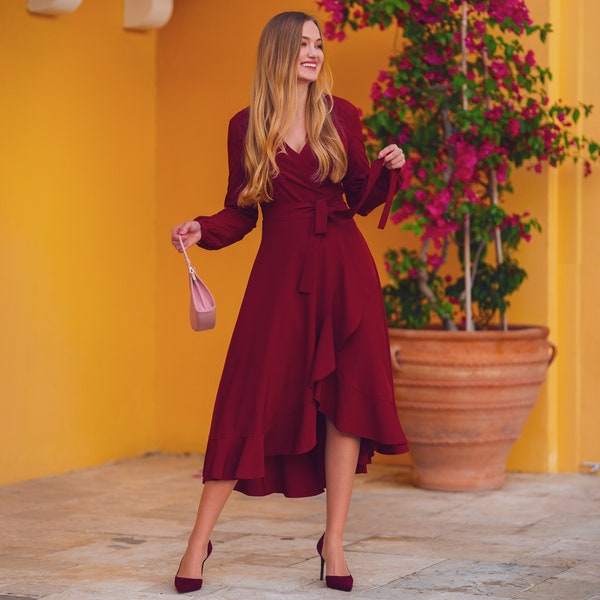 Burgundy long wrap dress, bridesmaid dress, cocktail dress, wedding guest dress, party dress, formal dress, prom dress, evening dress