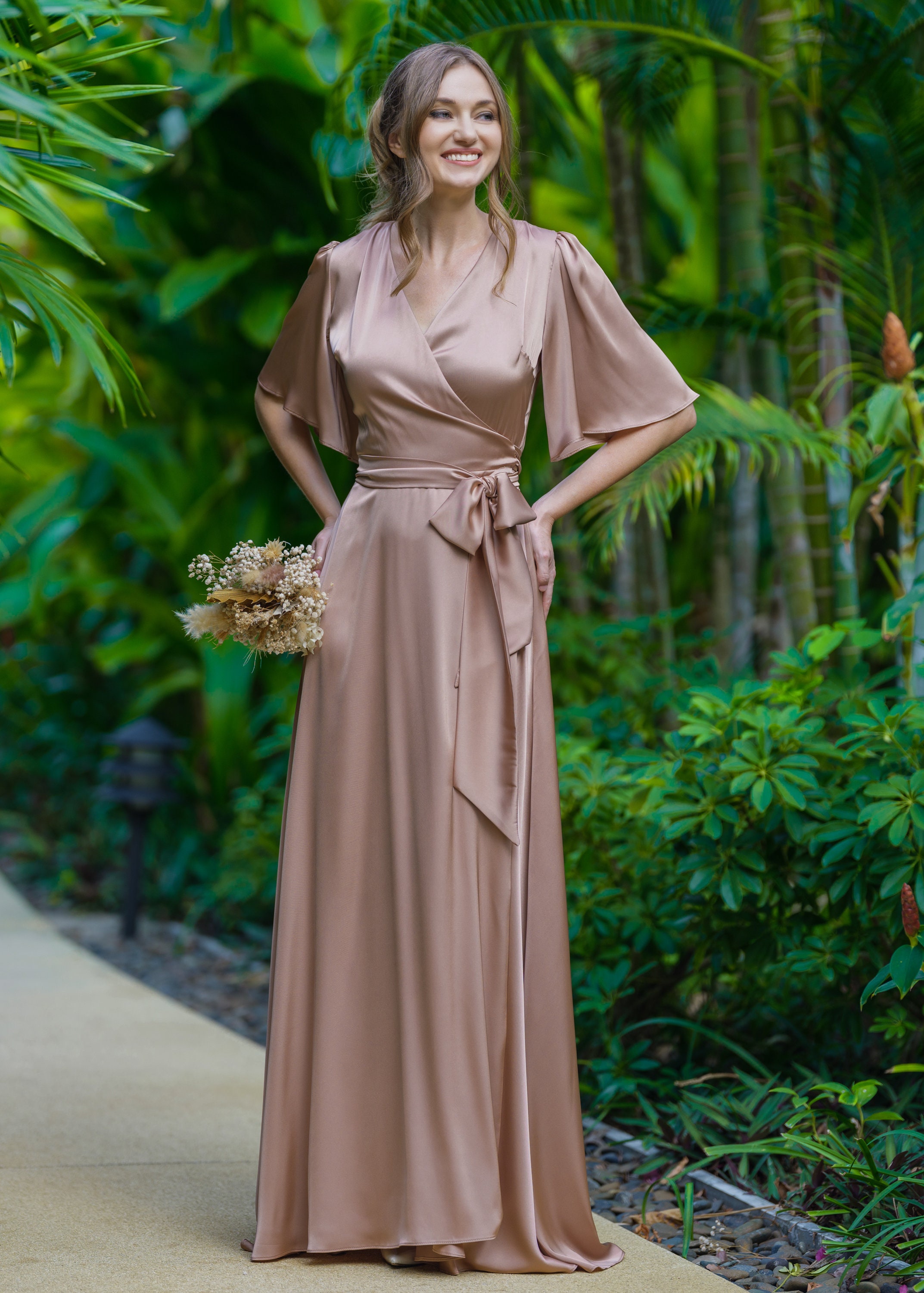 Bridesmaid cappuccino silk wrap dress, wedding guest dress, silk satin dress, maxi dress, evening dress, long dress, formal dress