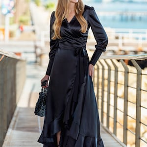 Black dress, silk dress, wrap dress, bridesmaid dress, wedding guest dress, women dress, maxi dress, evening dress, long dress image 2