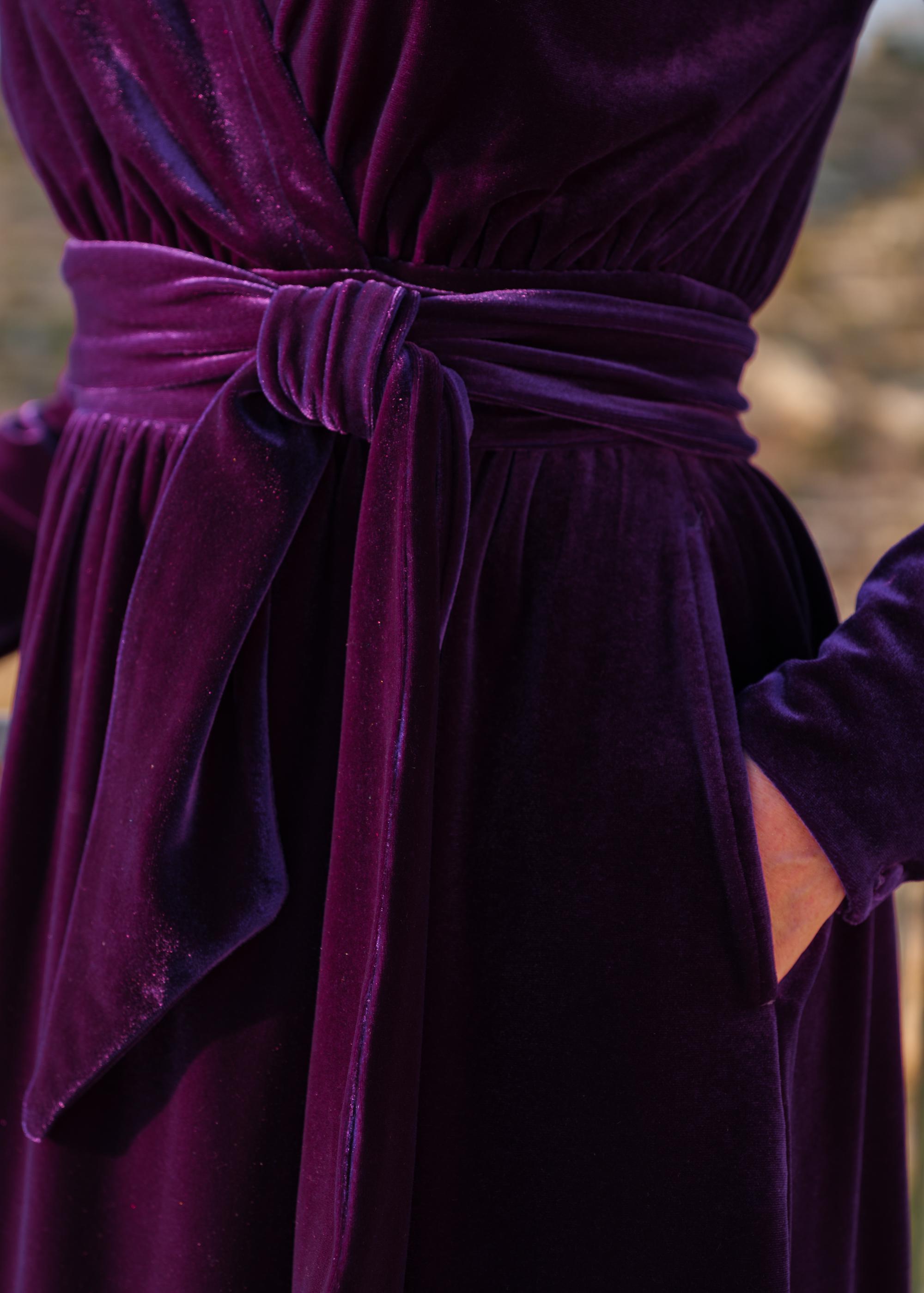 Velvet Midi Dress in Purple with Long Sleeves: Made-To-Measure, Evening Gown, Christmas and Wedding Guest Dress, Wrap Dress