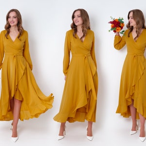 Gold chiffon bridesmaid dress, wedding guest dress, bridesmaids dress, chiffon long wrap dress, evening dress, formal chiffon dress