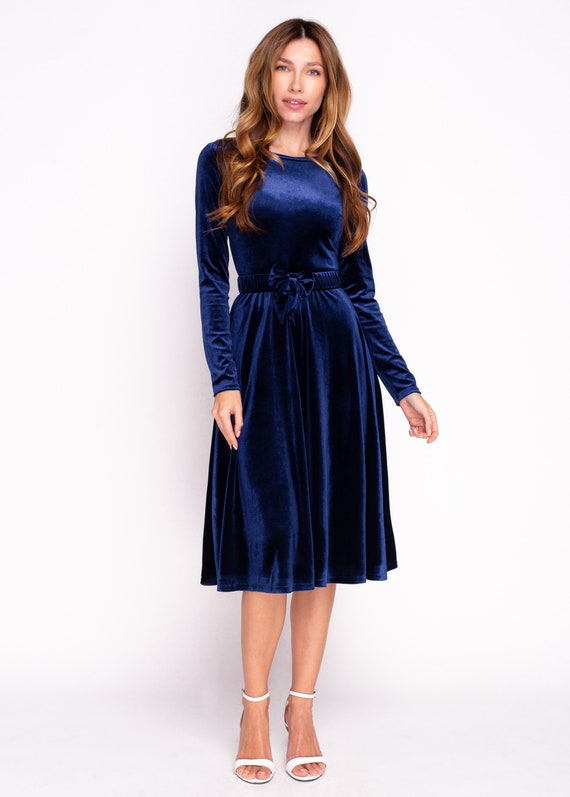Navy Blue Velvet Dress With Belt Christmas Velvet Dress Evening