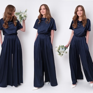 Navy blue silk jumpsuit, silk jumpsuit, bridesmaid jumpsuit, wedding guest jumpsuit, evening jumpsuit, bridesmaid dress, cocktail dress