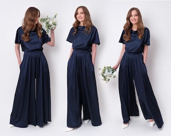 Marineblauwe zijden jumpsuit, zijden jumpsuit, bruidsmeisje jumpsuit, bruiloft gast jumpsuit, avond jumpsuit, bruidsmeisje jurk, cocktailjurk