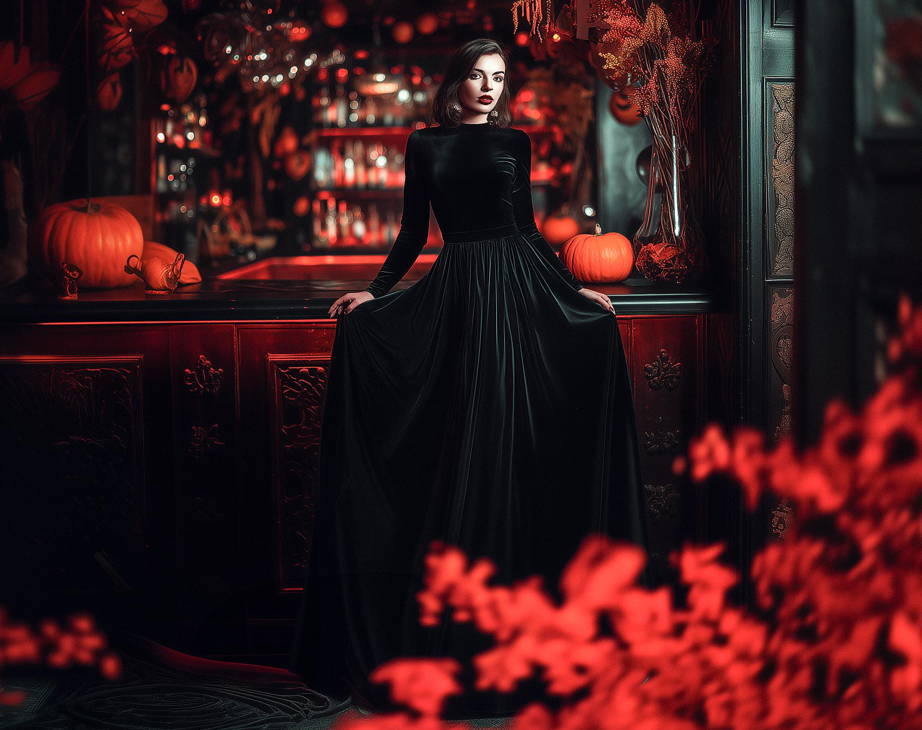Black velvet Halloween dress | Gothic Black gown | Long sleeve maxi dress | Fall costume party | Halloween wedding | Witchcore Black dress